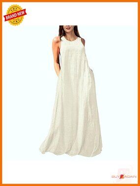 Linen Cotton Sleeveless Maxi Dress with Pockets Casual